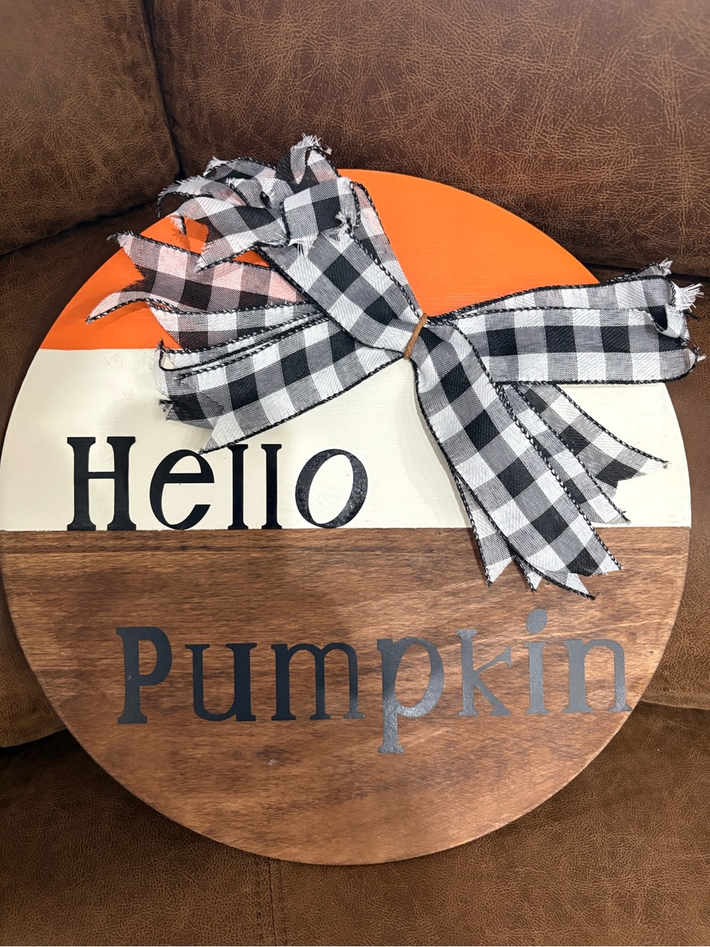 Hello Pumpkin Round Wood Sign with Black Gingham Bow - Orange/Cream/Wood